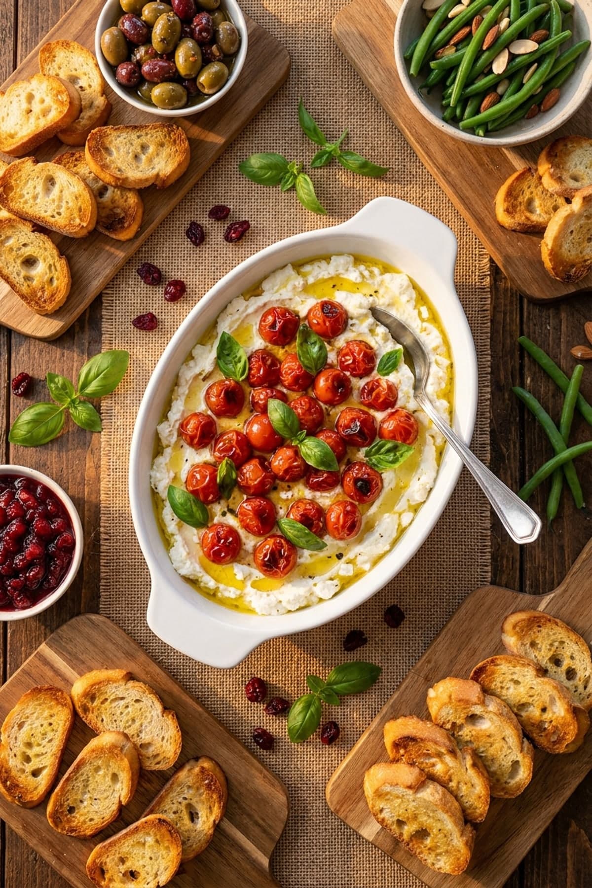 Whipped Feta Tomato Basil Crostini ready to serve