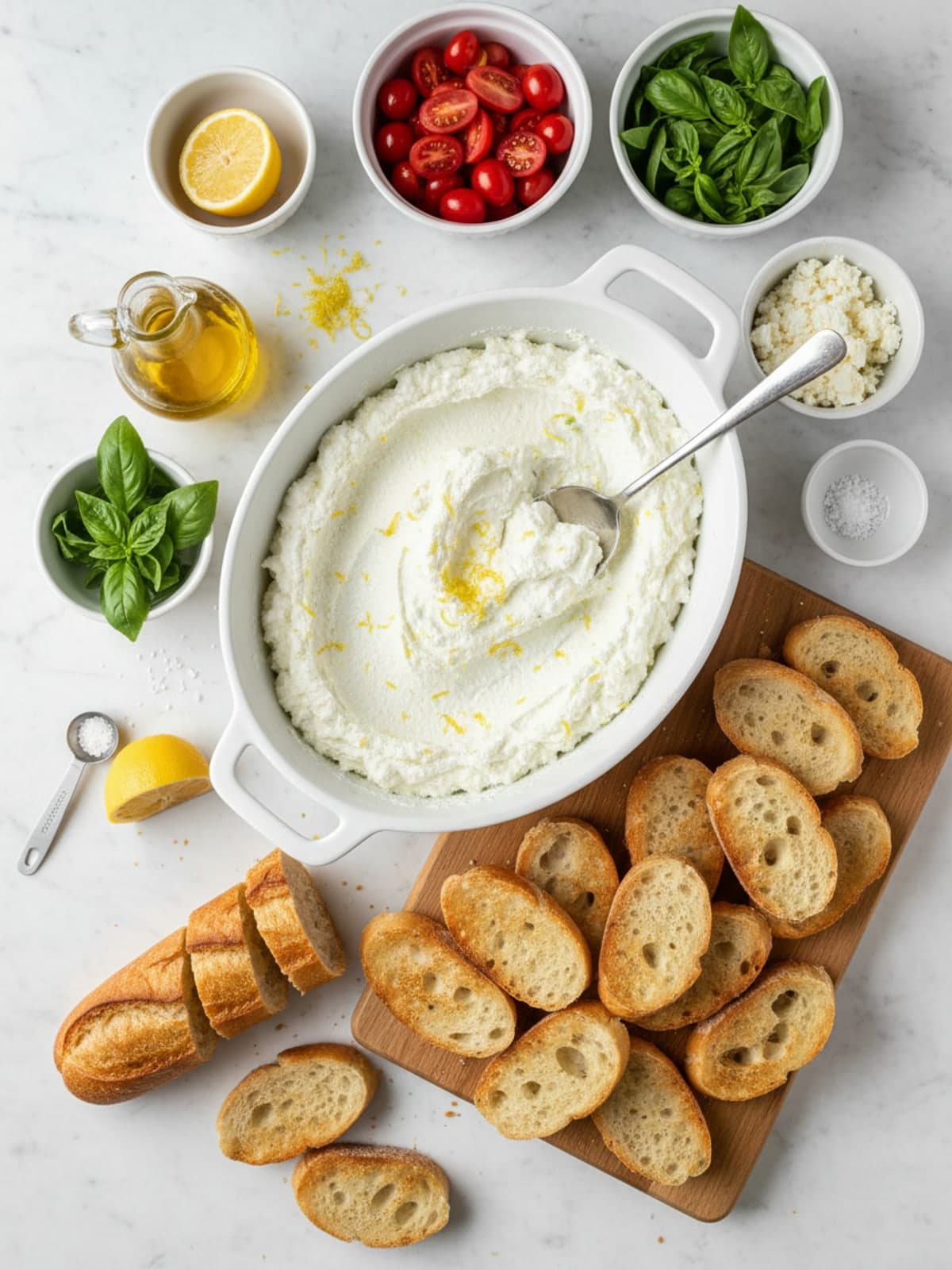 Ingredients for Whipped Feta Tomato Basil Crostini