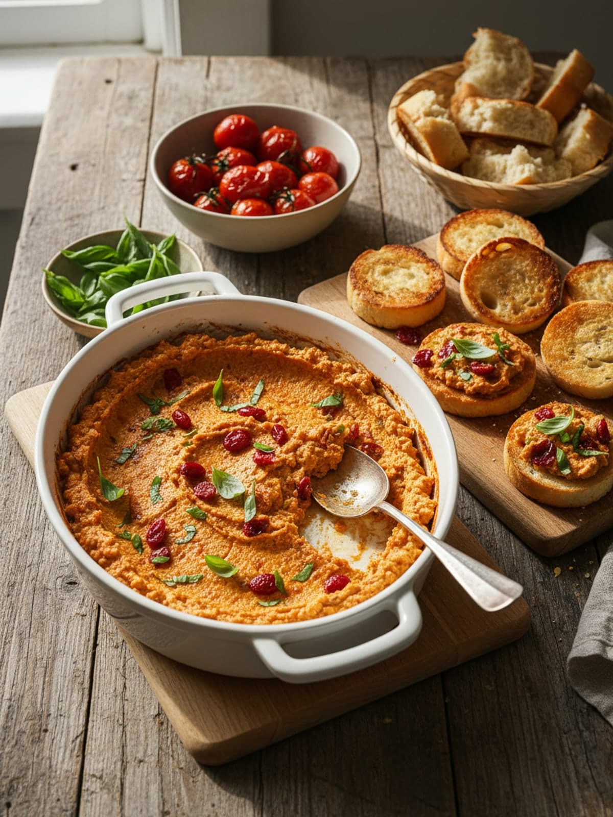 Whipped Feta Tomato Basil Crostini: Toast the bread