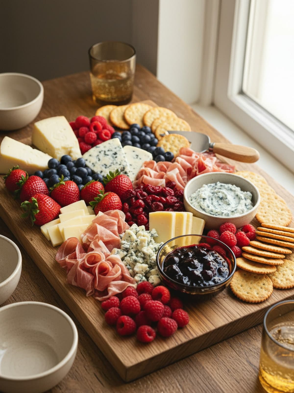 Red, White, and Blue Charcuterie Board: Finish with crackers