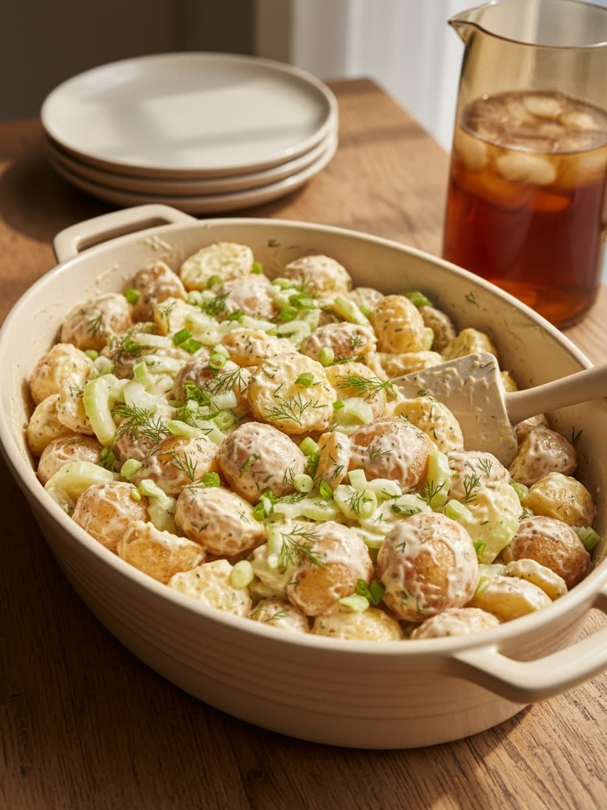 Creamy Dill 4th of July Potato Salad: Fold while warm