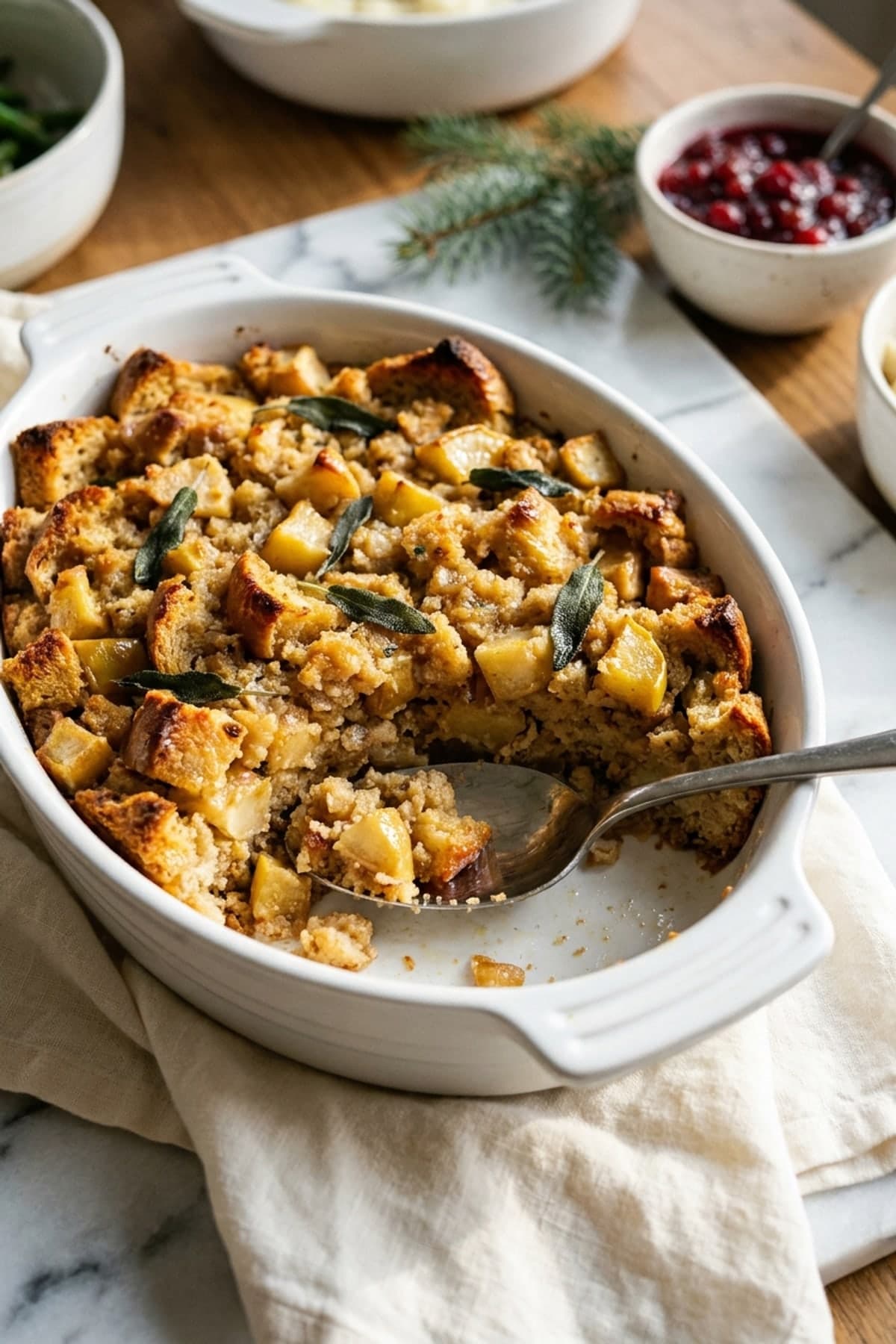 Crisp-Top Sage Apple Stuffing ready to serve