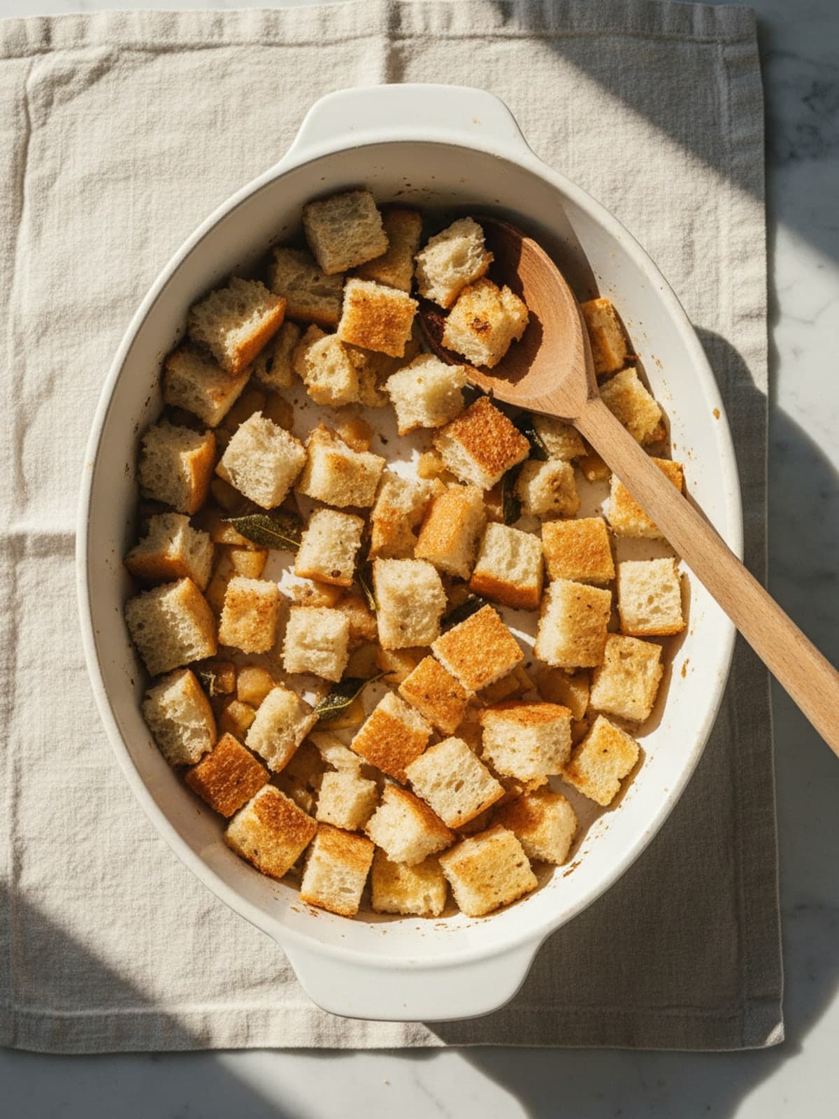 Crisp-Top Sage Apple Stuffing: Dry the bread thoroughly