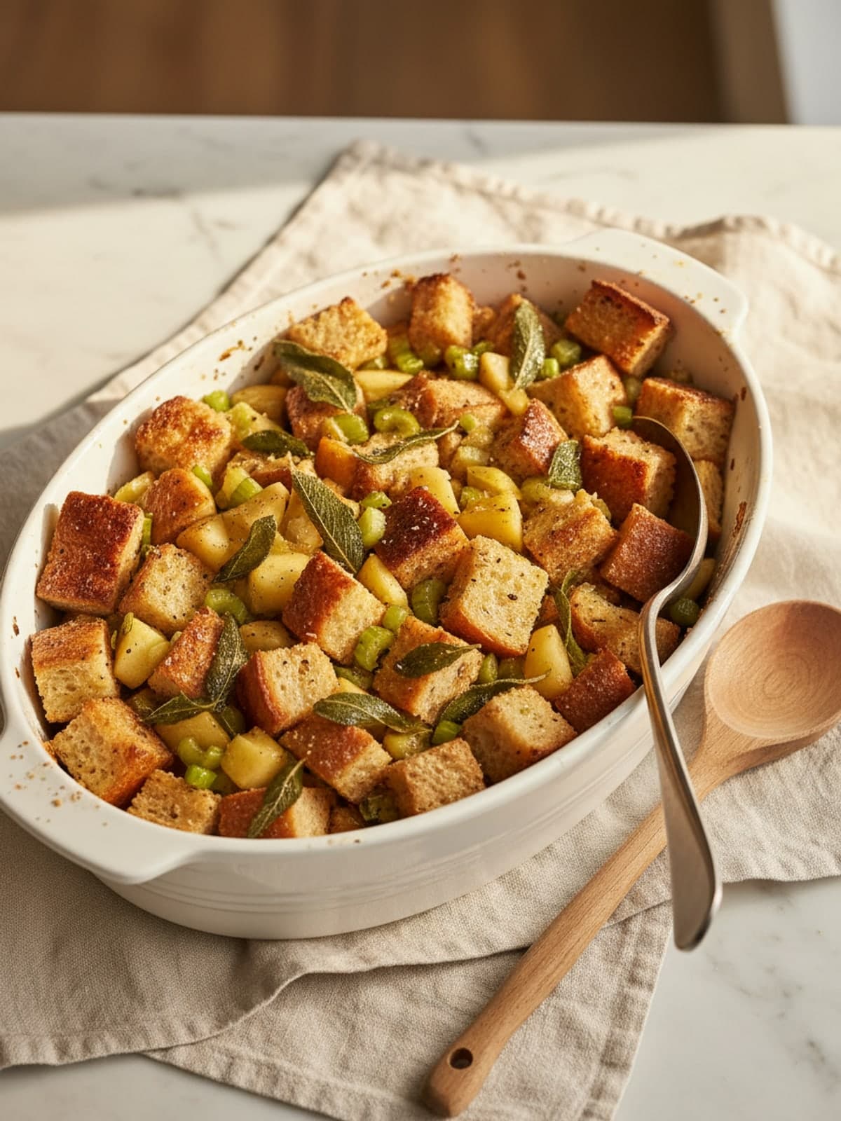 Crisp-Top Sage Apple Stuffing: Hydrate without crushing