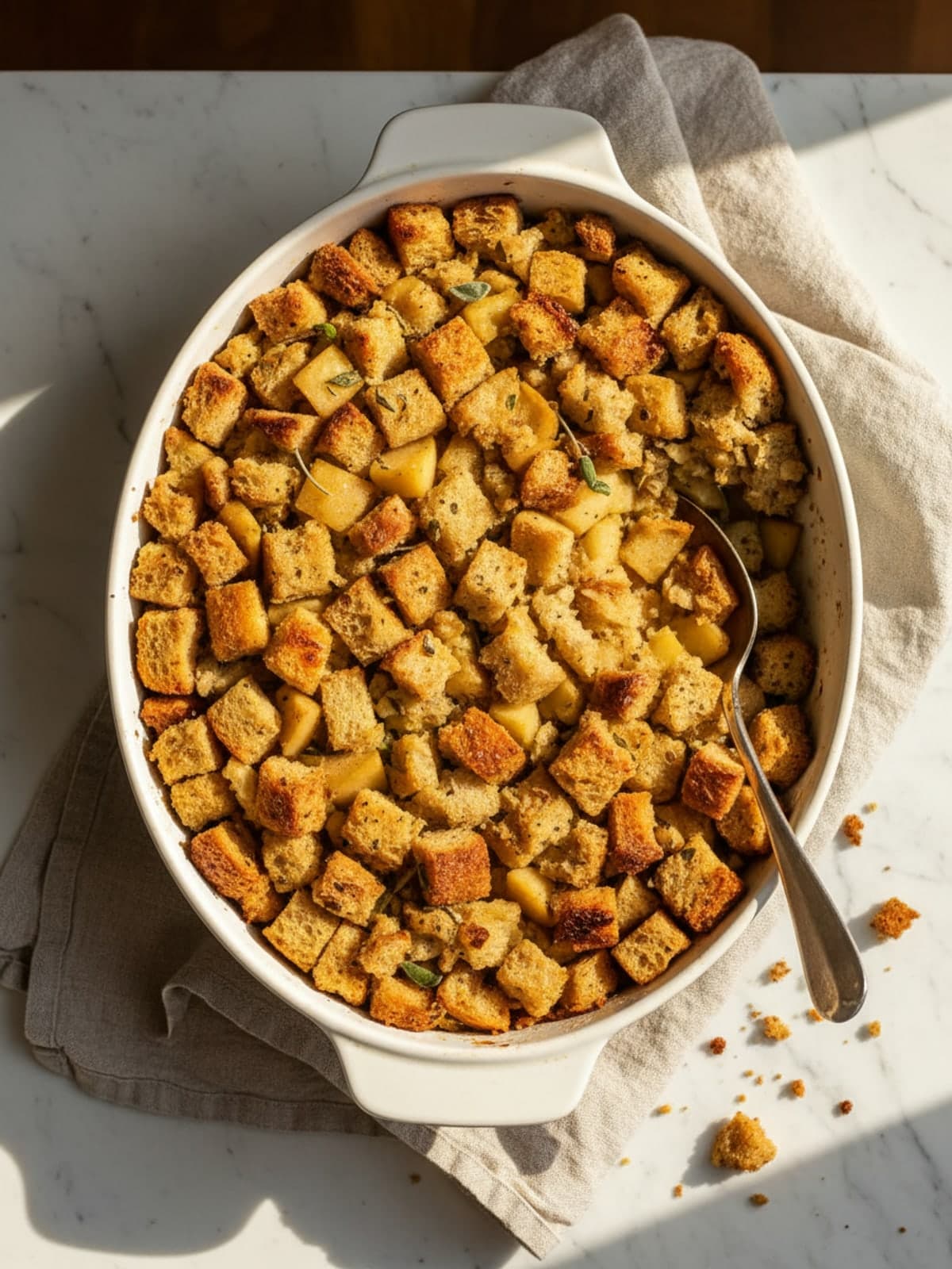 Crisp-Top Sage Apple Stuffing: Bake covered then uncovered