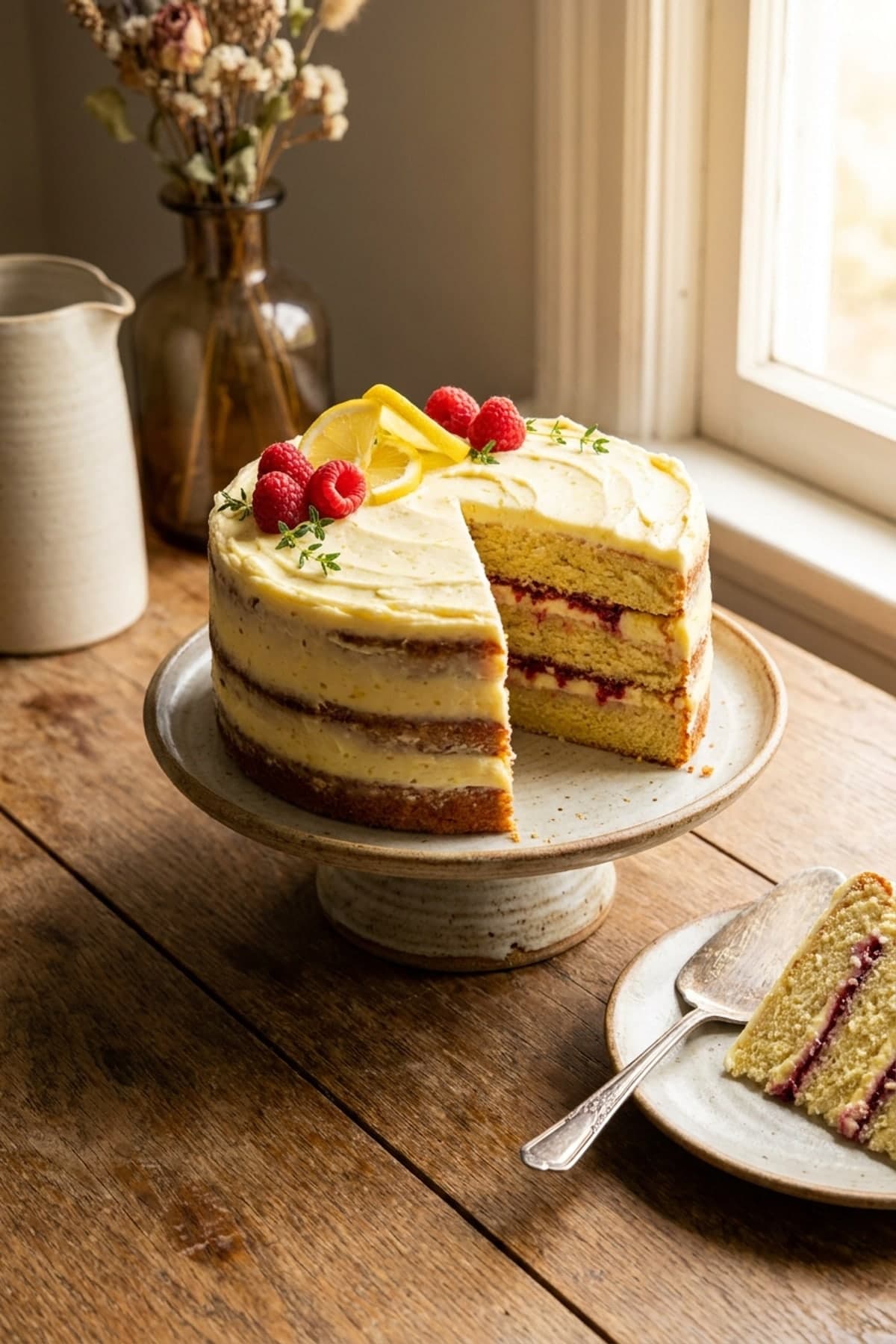 Lemon Raspberry Layer Cake ready to serve