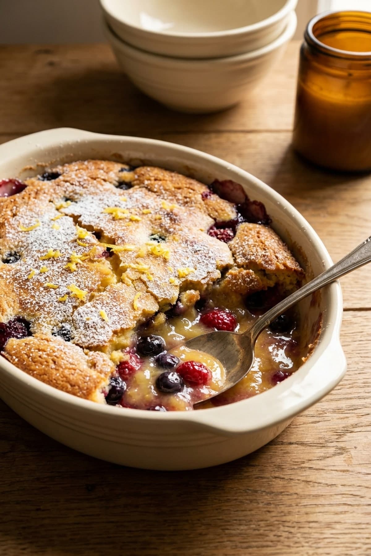 Lemon Berry Pudding Cake ready to serve