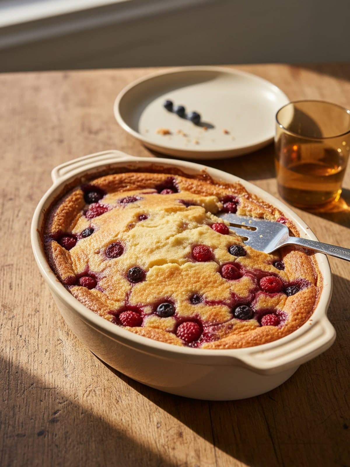 Lemon Berry Pudding Cake: Bake until the center answers back