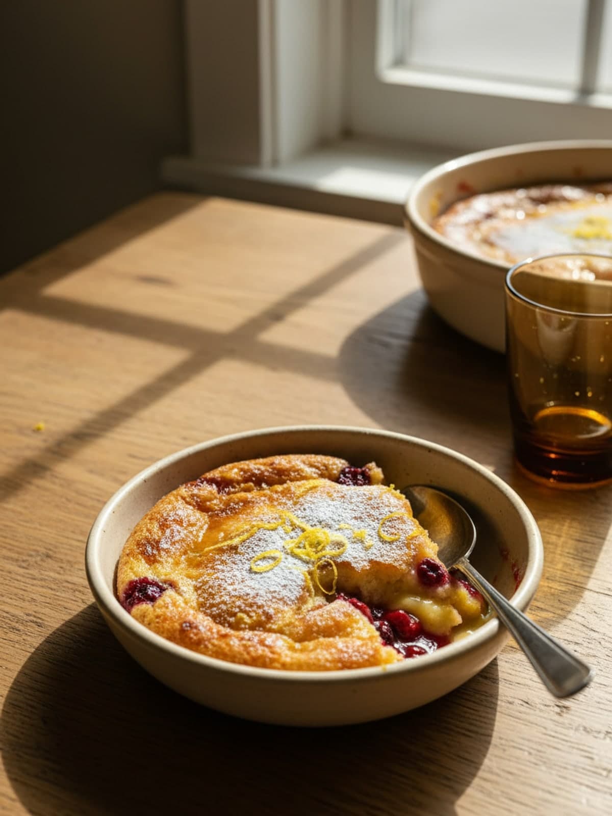 Lemon Berry Pudding Cake: Settle and portion