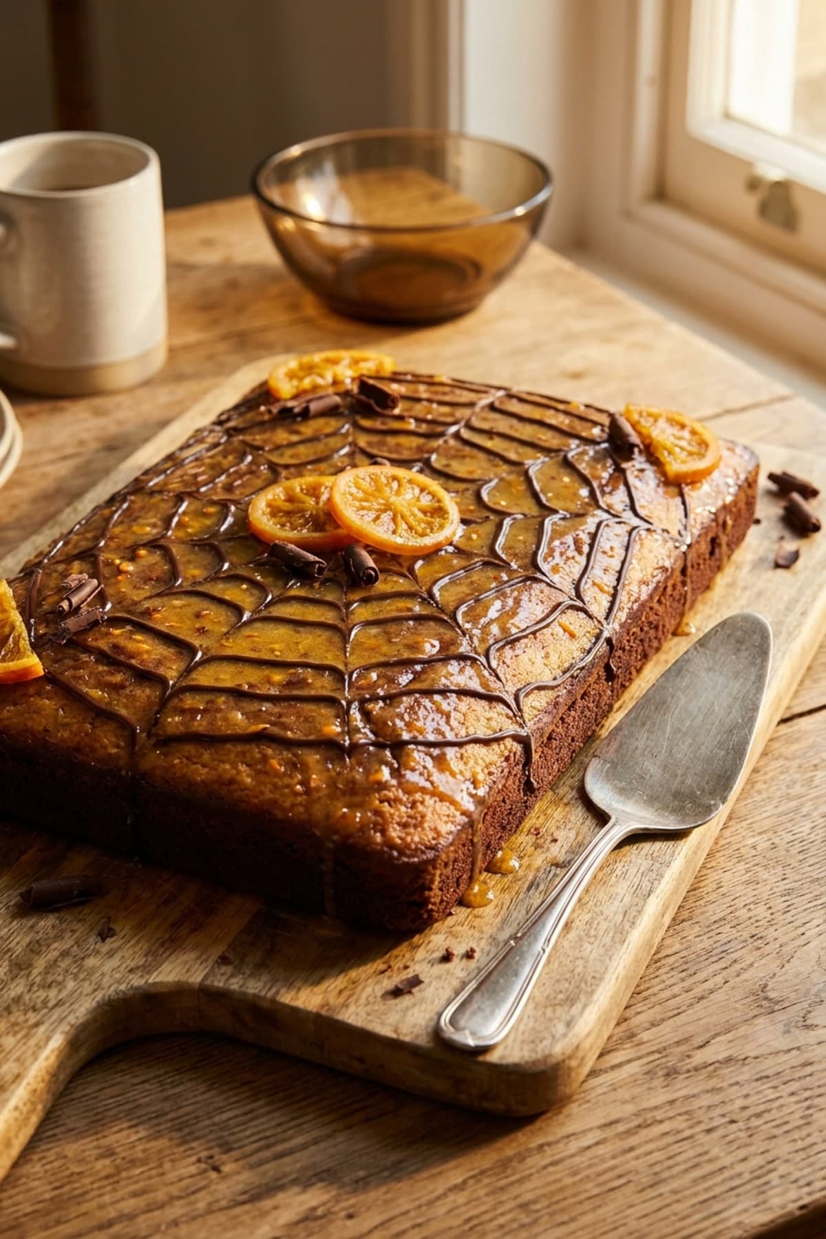 Chocolate Orange Spiderweb Sheet Cake ready to serve