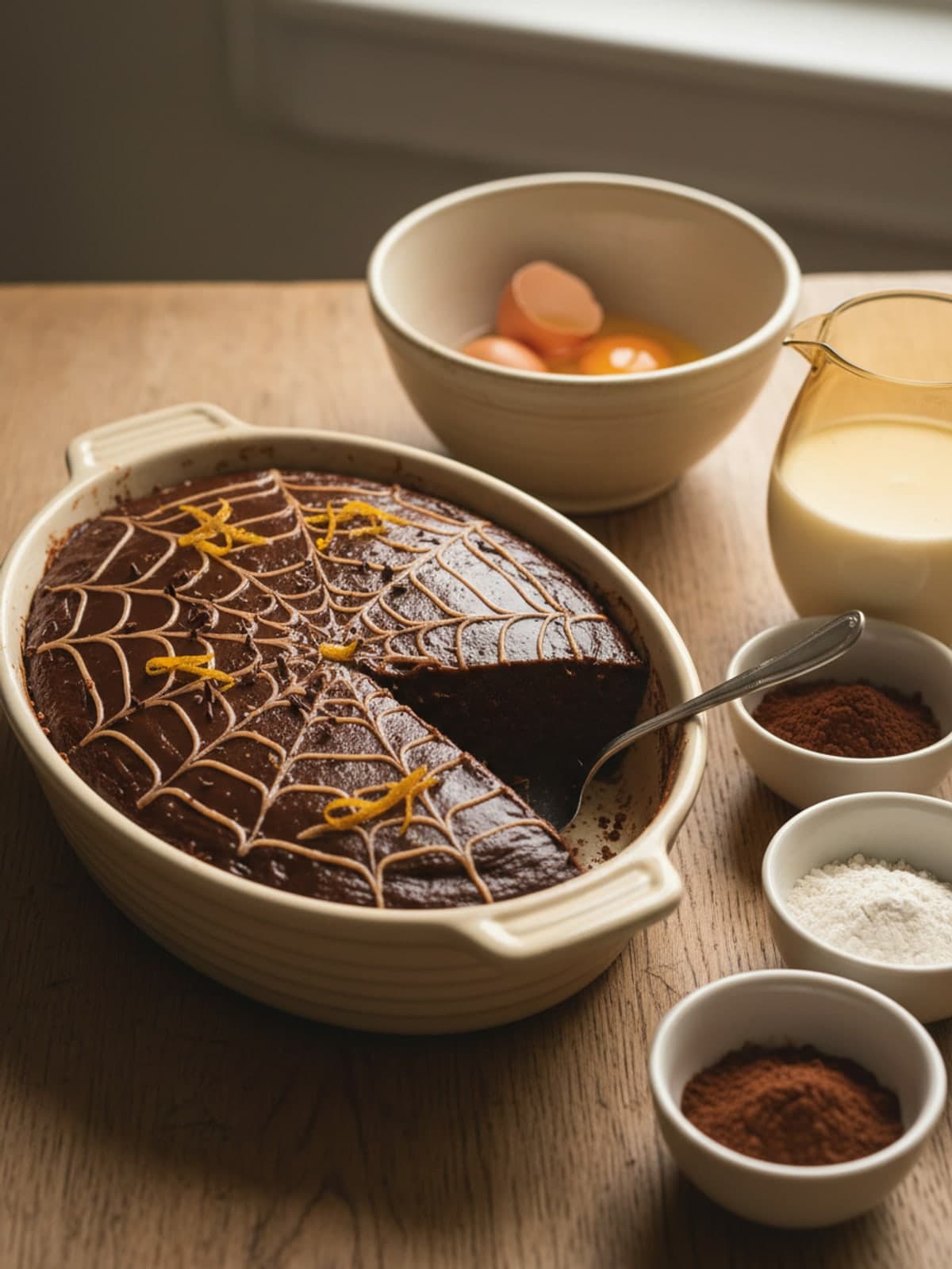 Ingredients for Chocolate Orange Spiderweb Sheet Cake