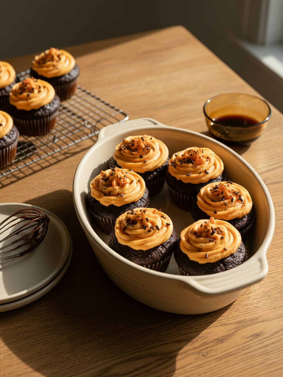 Chocolate Halloween Cupcakes With Orange Swirls: Add wet ingredients