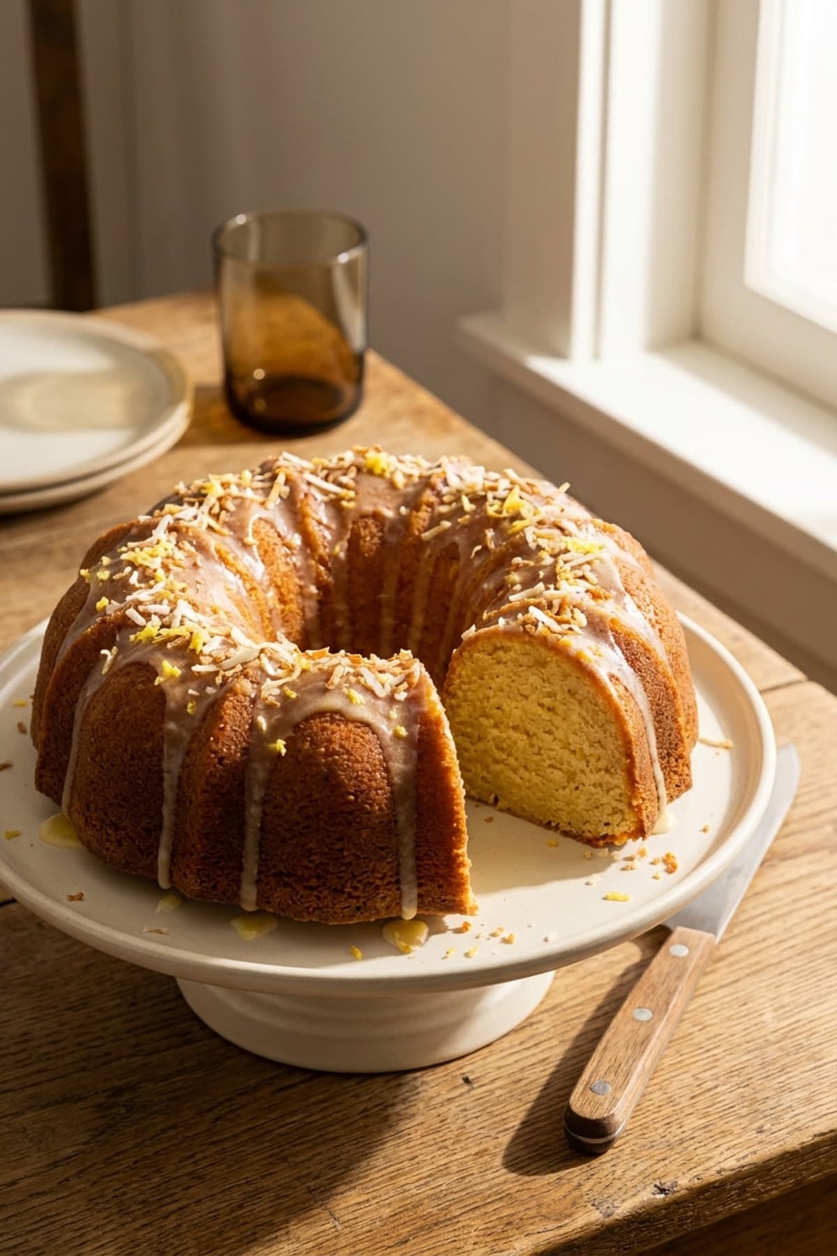 Glazed Lemon Coconut Bundt Cake ready to serve
