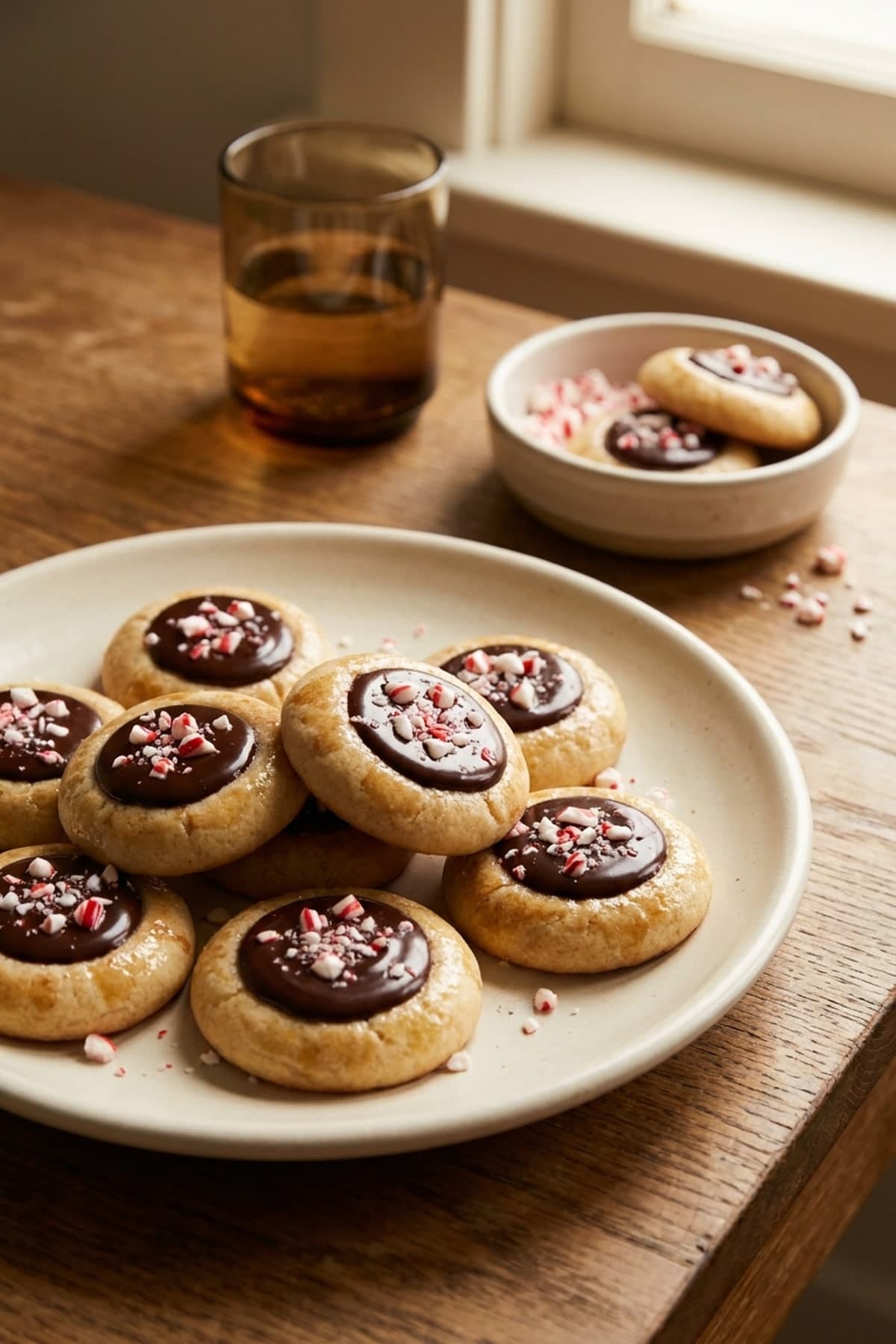 Chocolate Peppermint Thumbprint Cookies ready to serve