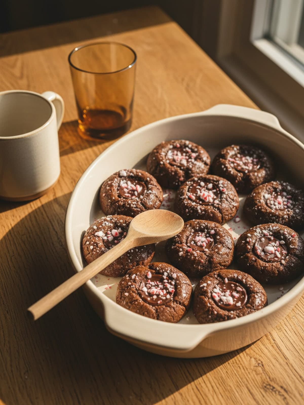 Chocolate Peppermint Thumbprint Cookies: Shape defined wells