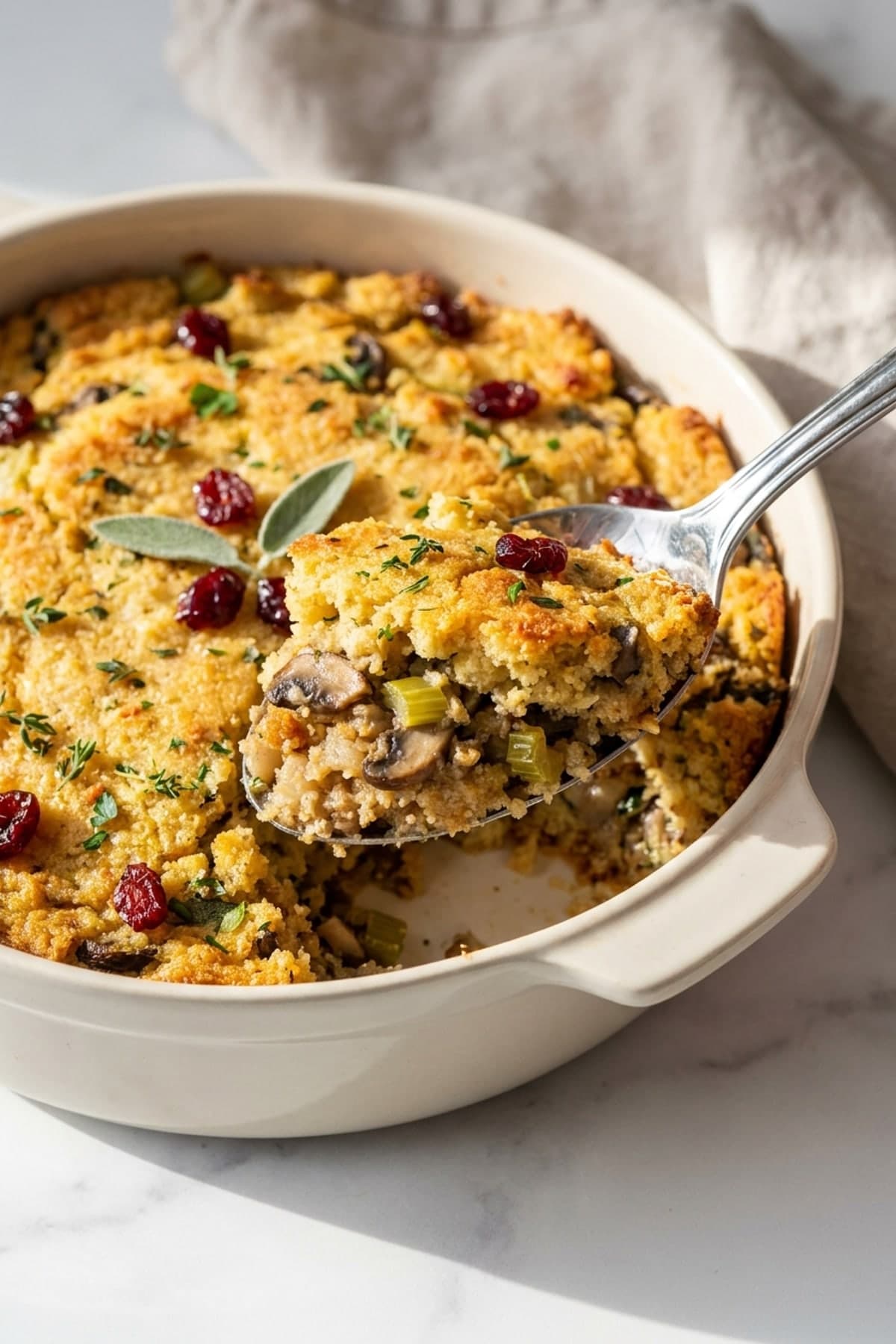 Crisp-Top Cornbread Mushroom Stuffing ready to serve