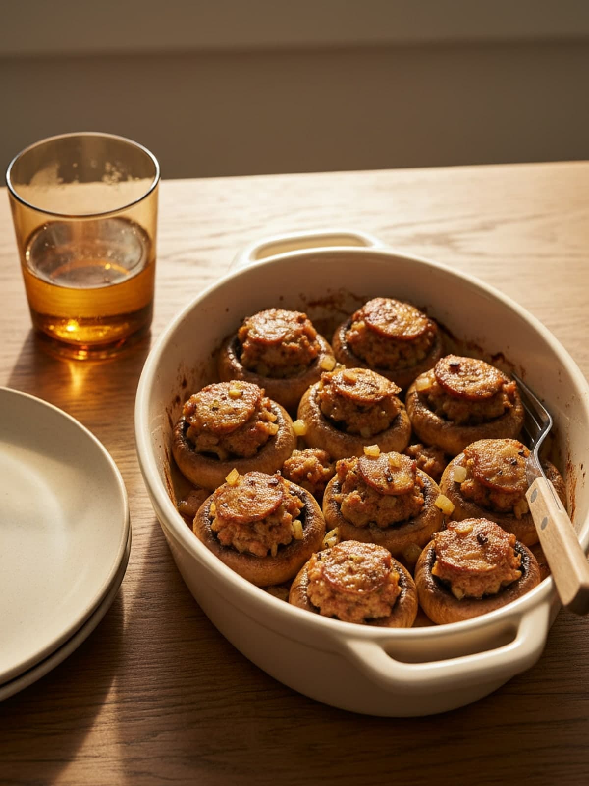 Sausage-Stuffed Mushrooms: Brown sausage