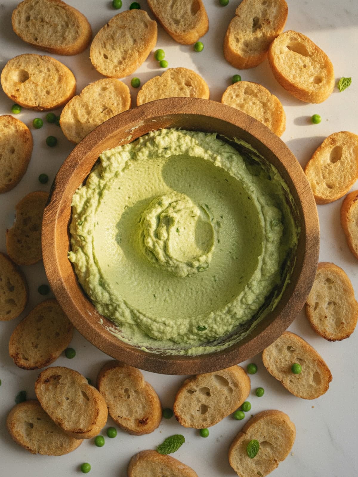 Whipped Feta and Spring Pea Crostini: Toast bread on both faces