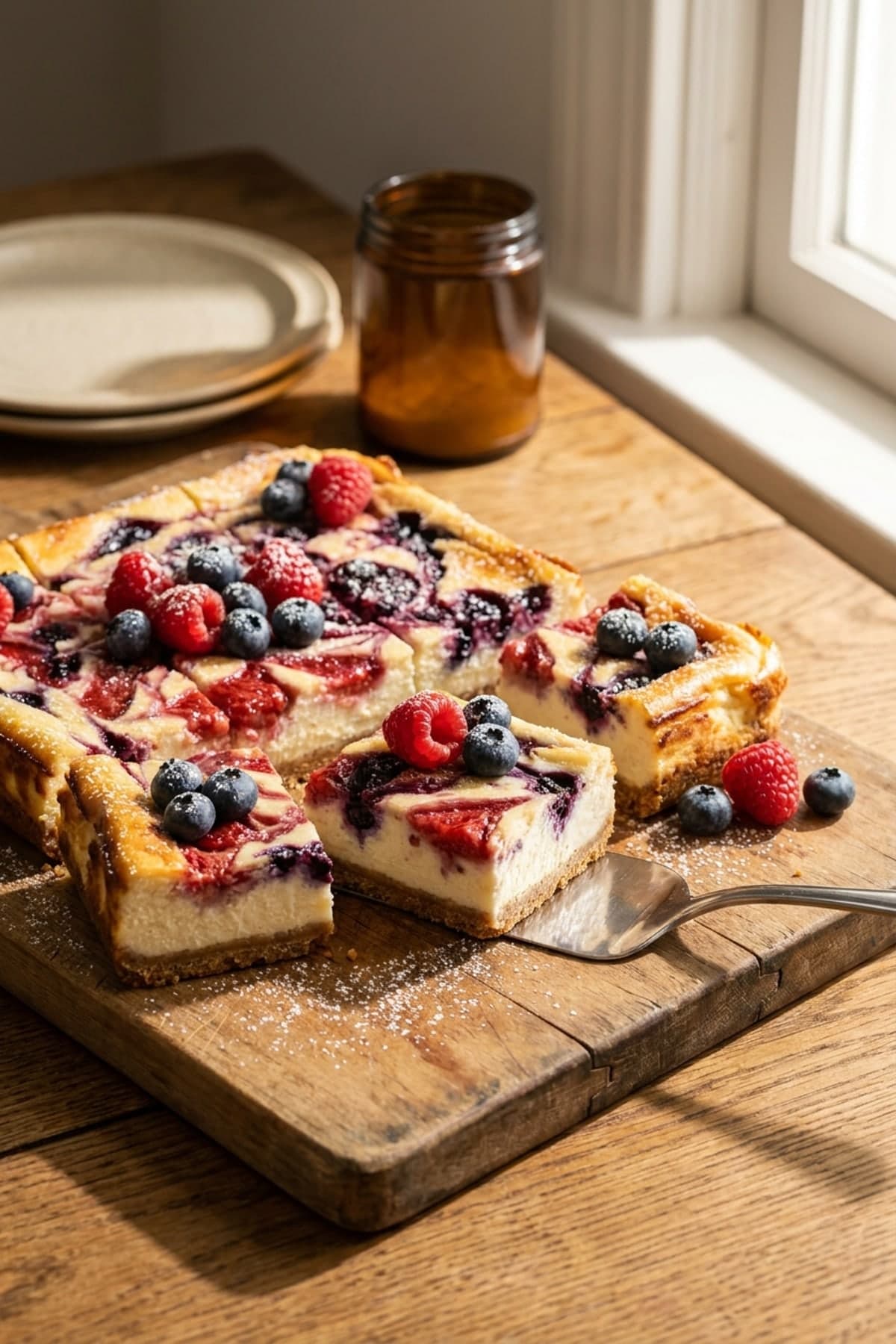 Red, White, and Blue Cheesecake Bars ready to serve