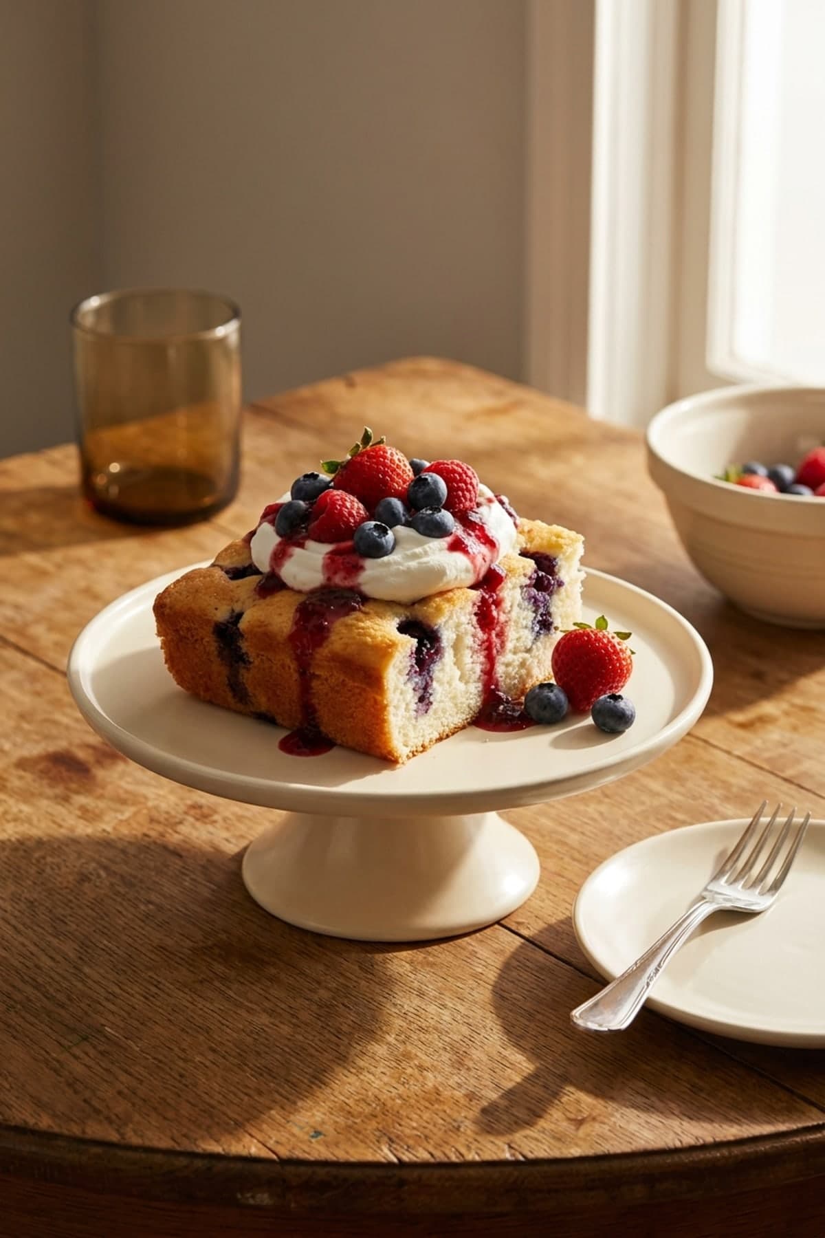 Red, White, and Blue Berry Poke Cake ready to serve