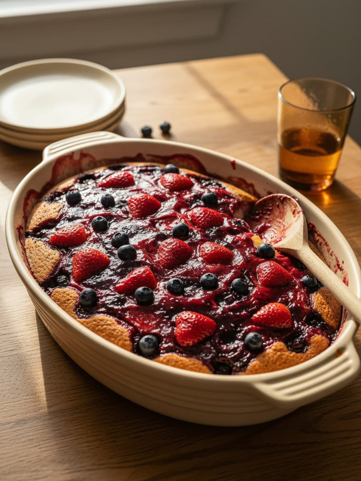 Red, White, and Blue Berry Poke Cake: Make two glossy fruit sauces