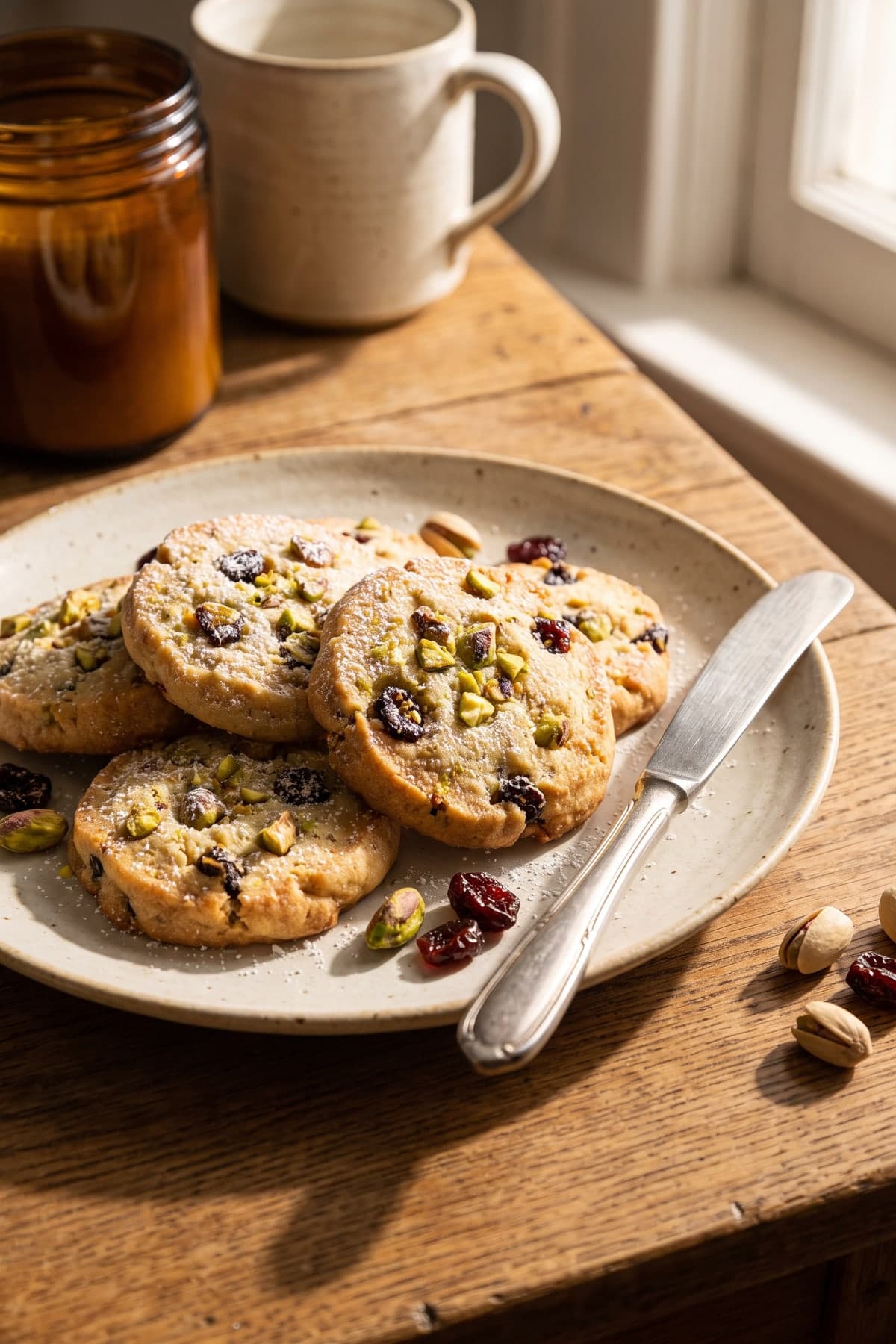 Pistachio Cherry Shortbread Cookies ready to serve
