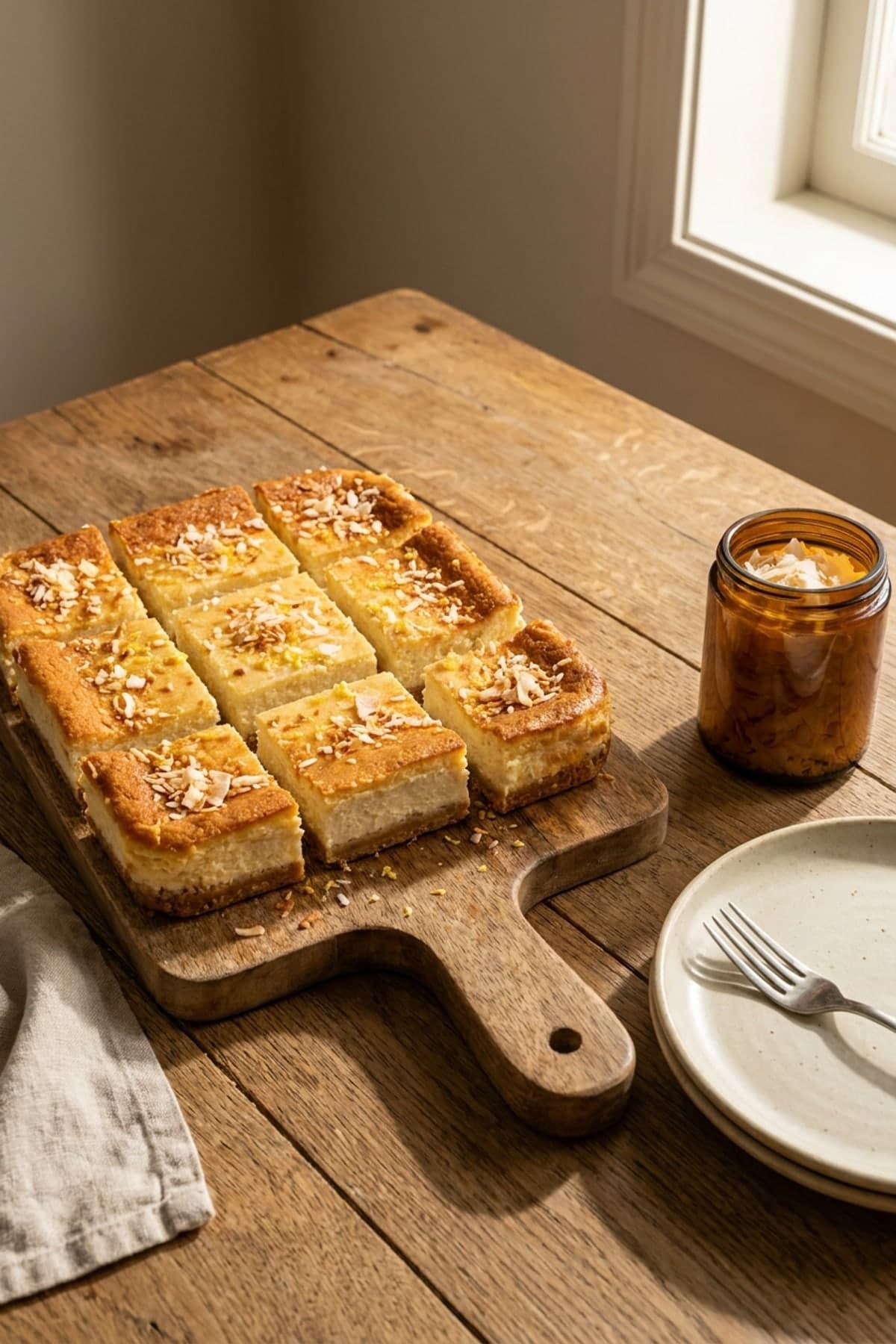 Lemon Coconut Cheesecake Squares ready to serve
