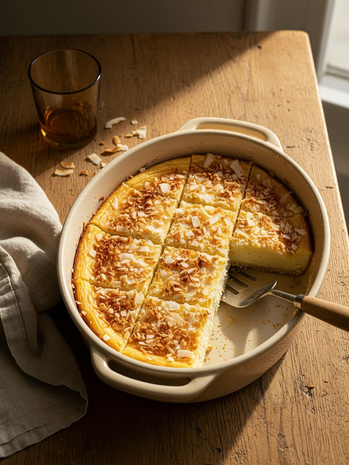 Lemon Coconut Cheesecake Squares: Toast coconut to scattered gold