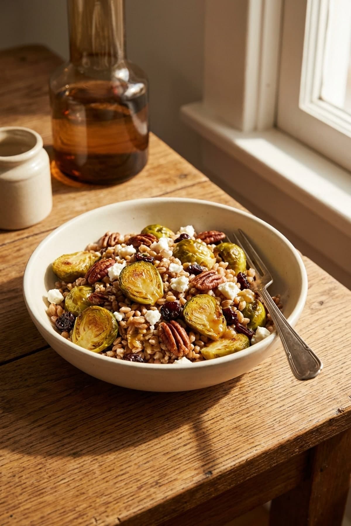 Roasted Brussels Sprout Farro Salad ready to serve