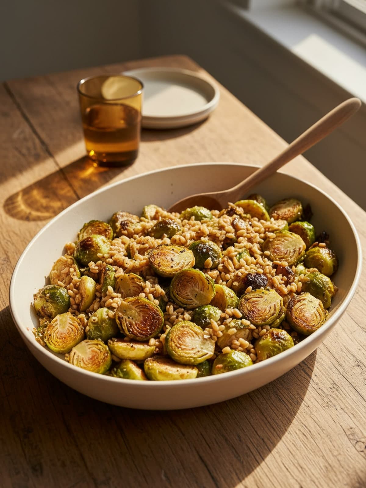 Roasted Brussels Sprout Farro Salad: Roast cut faces down