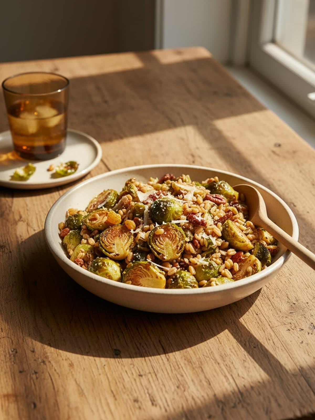 Roasted Brussels Sprout Farro Salad: Cook farro to a chewy center