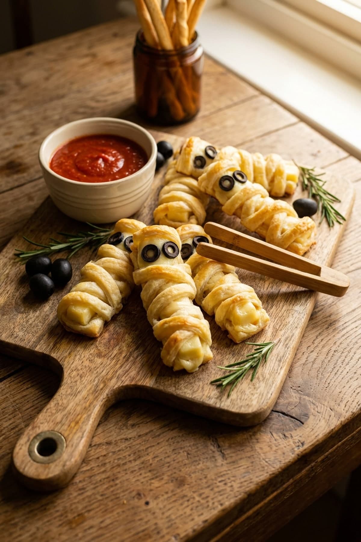 Halloween Snack Board with Mummy Cheese Dippers ready to serve