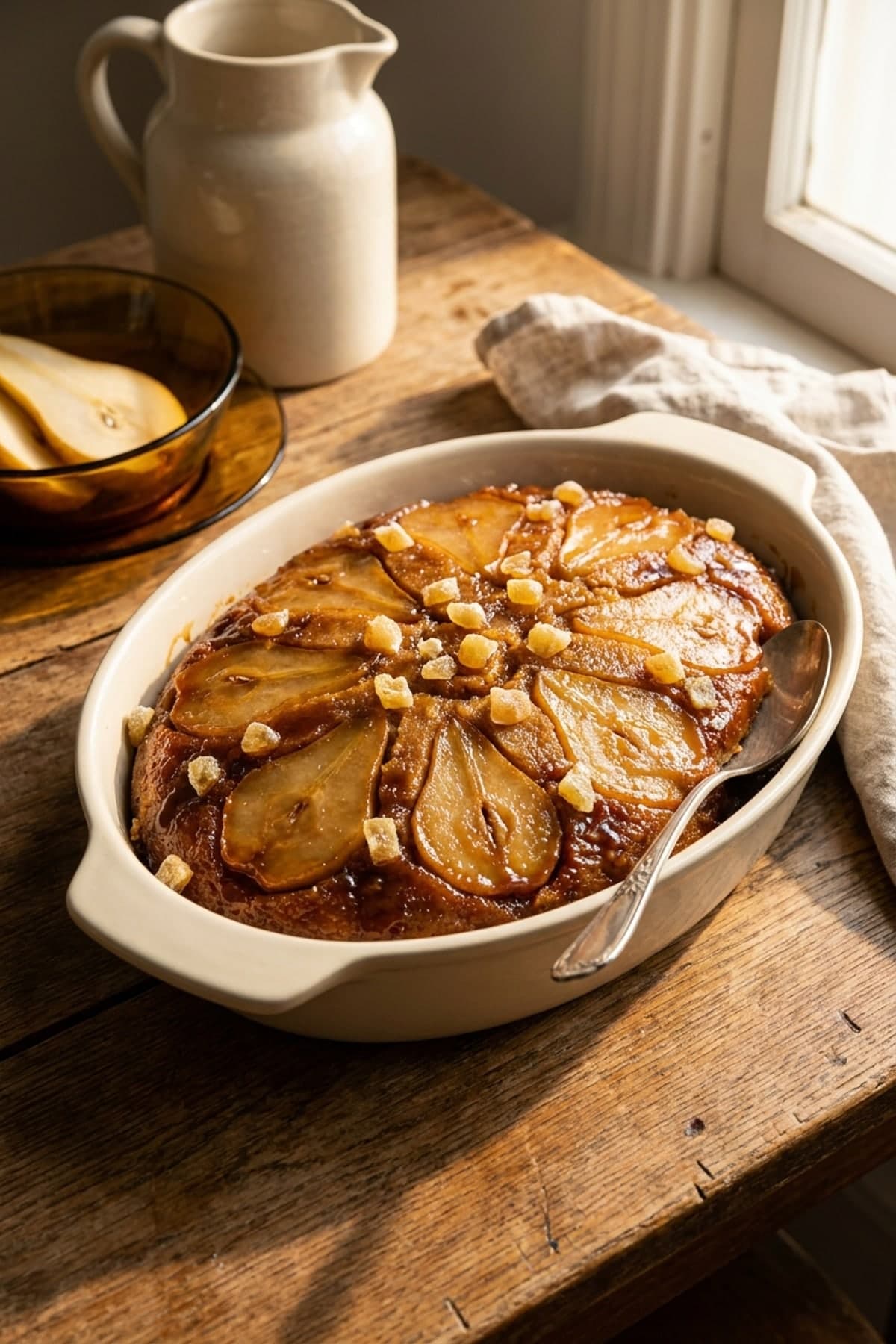 Gingerbread Pear Upside-Down Cake ready to serve