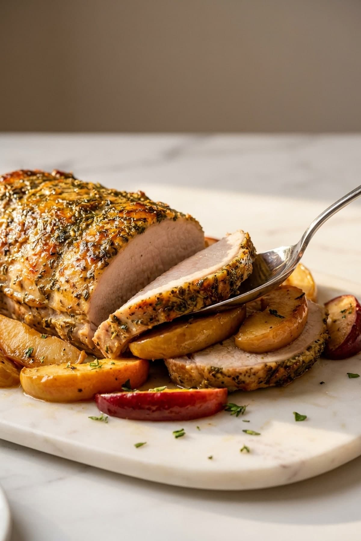 Herb-Crusted Pork Loin with Roasted Apples ready to serve