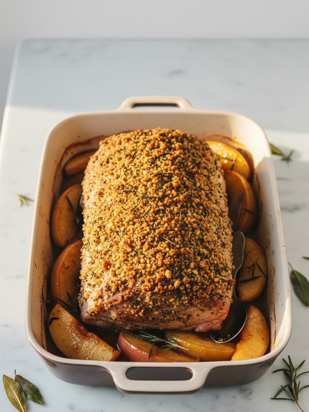 Herb-Crusted Pork Loin with Roasted Apples: Brown broad, dry surfaces