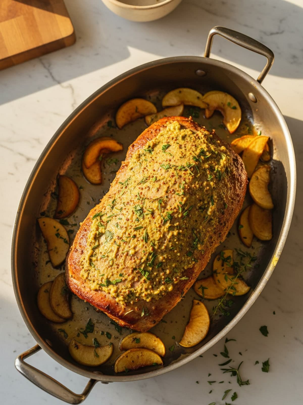 Herb-Crusted Pork Loin with Roasted Apples: Attach the herb coating