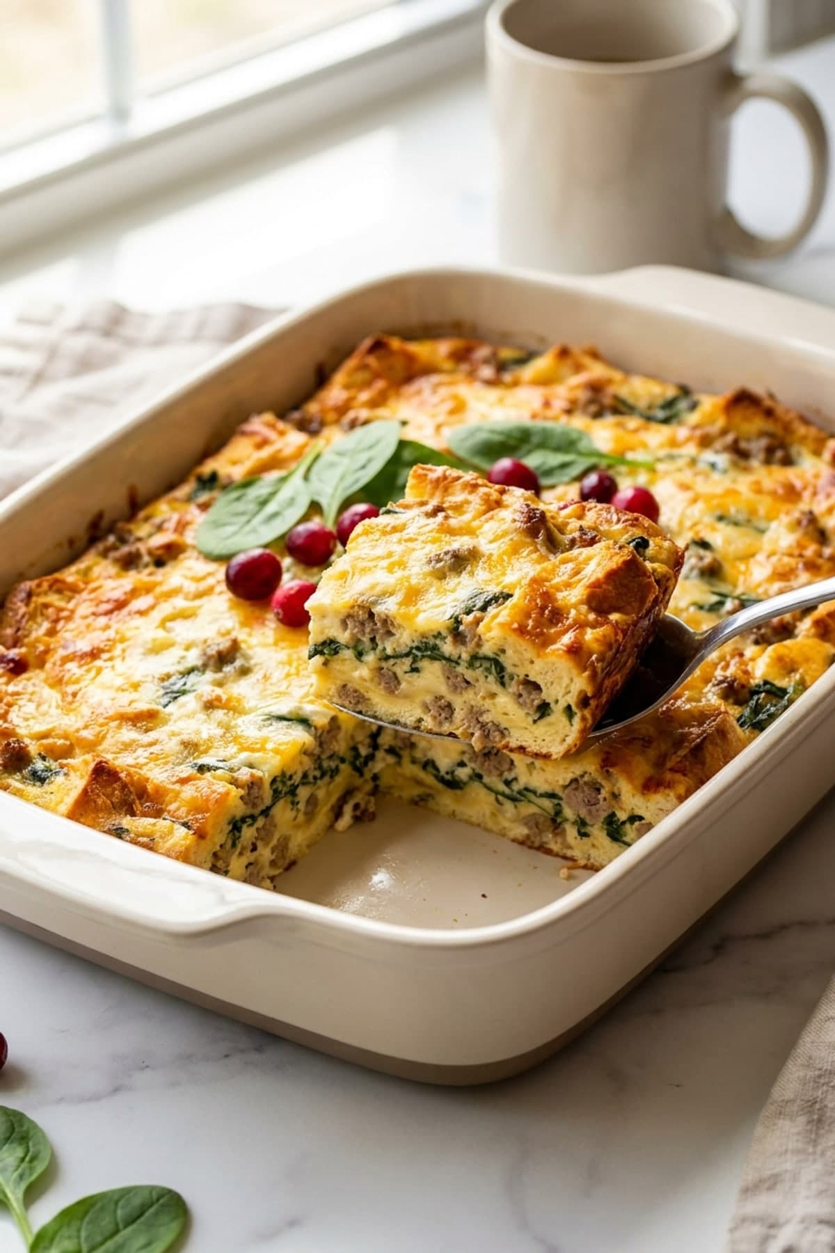 Sausage and Spinach Christmas Breakfast Strata ready to serve