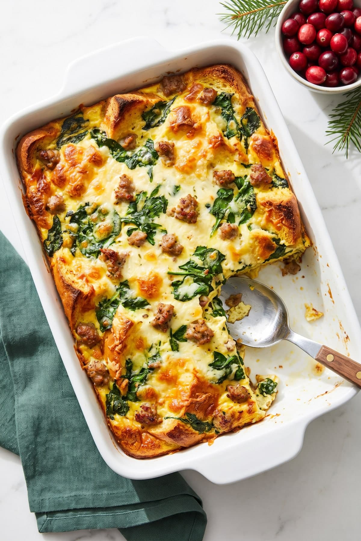 Christmas Breakfast Casserole: Sausage Spinach Strata