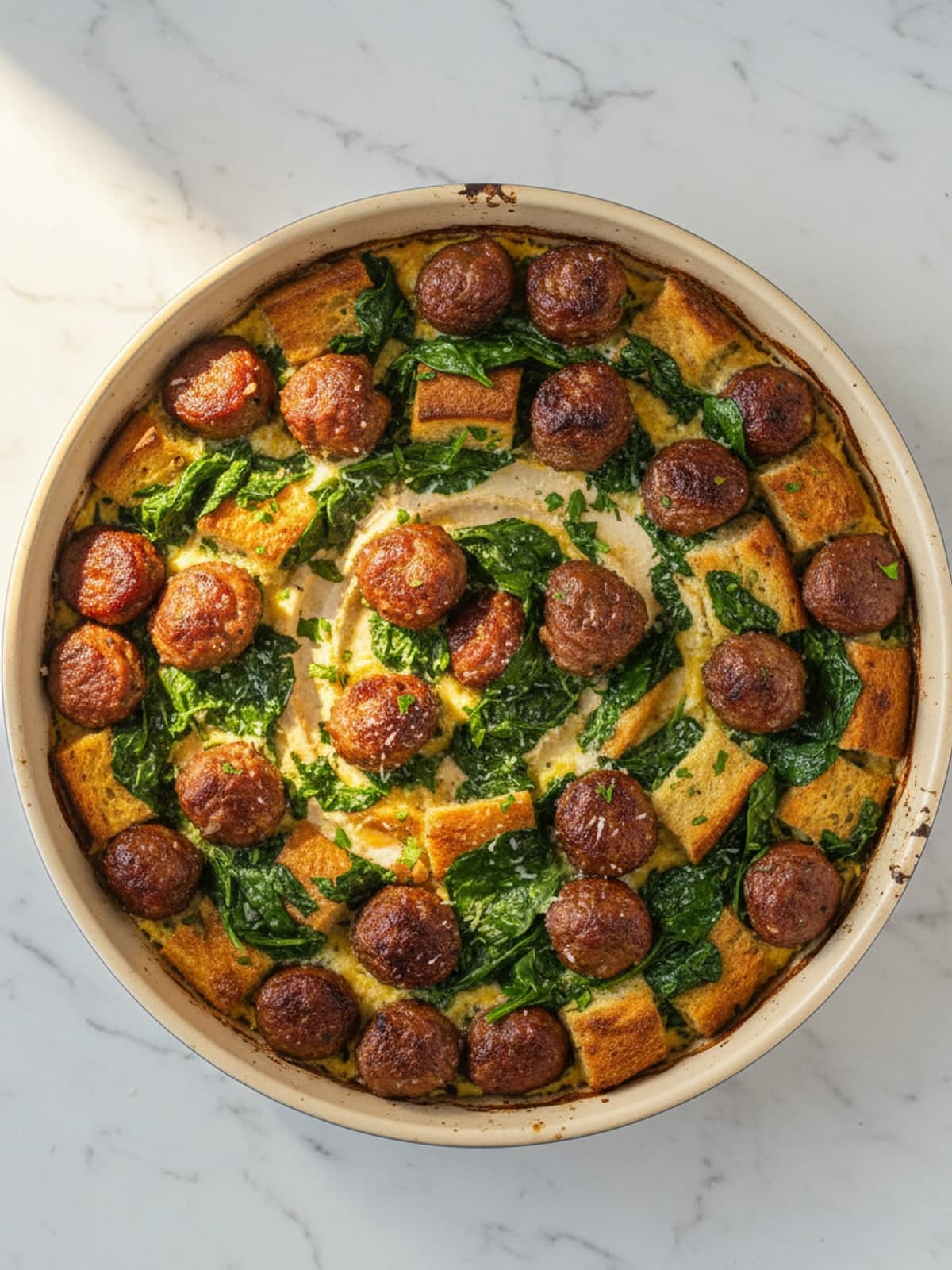Sausage and Spinach Christmas Breakfast Strata: Brown sausage into craggy pieces