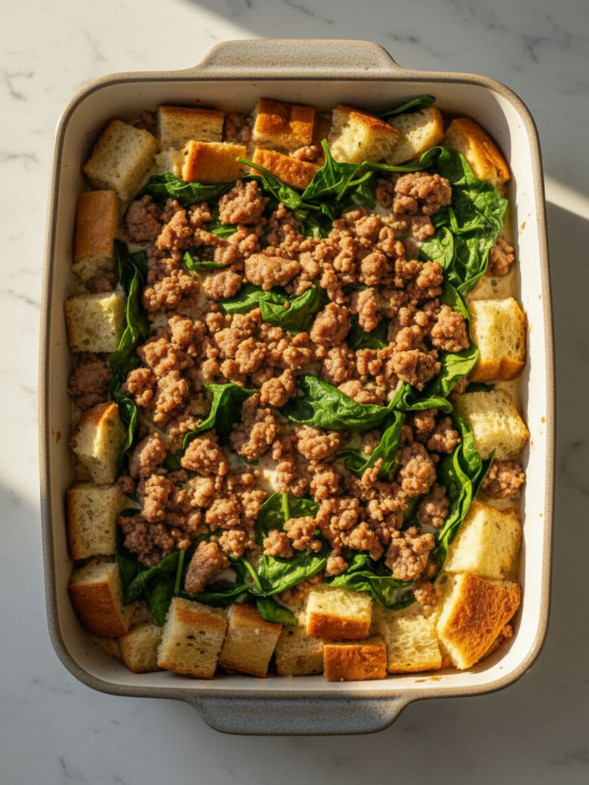 Sausage and Spinach Christmas Breakfast Strata: Layer without packing