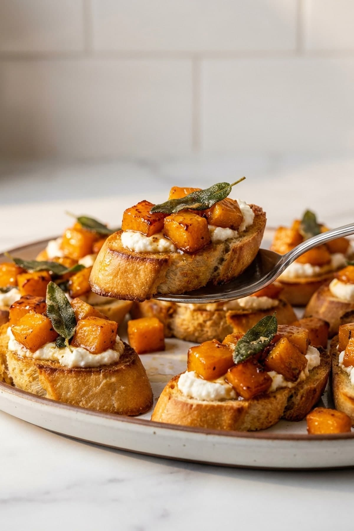 Roasted Butternut Squash Ricotta Crostini ready to serve
