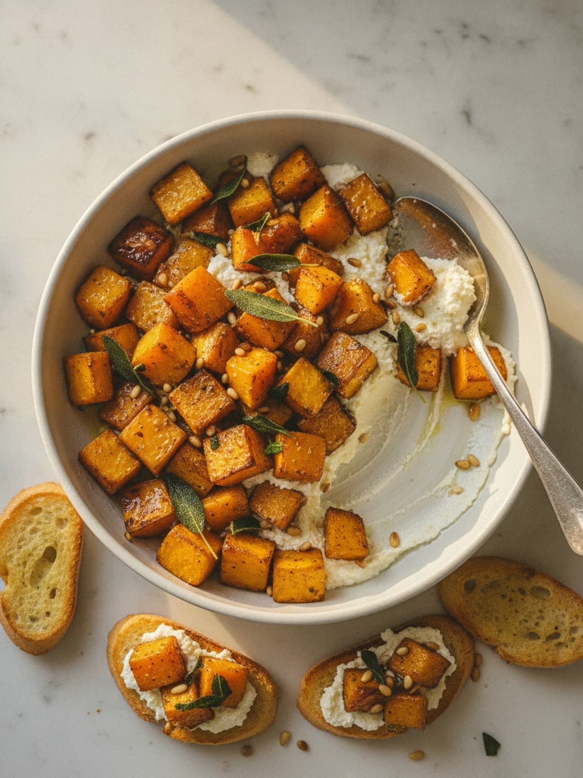 Roasted Butternut Squash Ricotta Crostini: Roast squash with open space