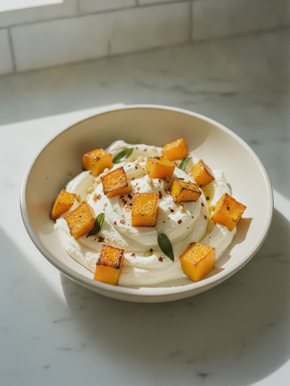 Roasted Butternut Squash Ricotta Crostini: Whip ricotta into soft ridges