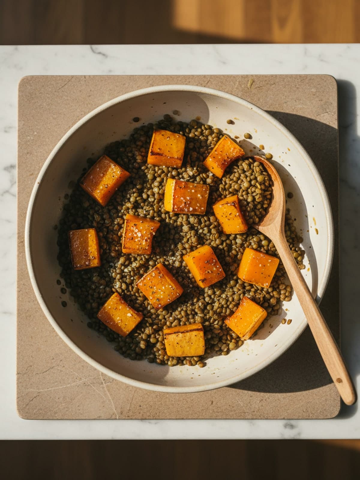 Maple-Roasted Squash and Lentils: Season and space the squash