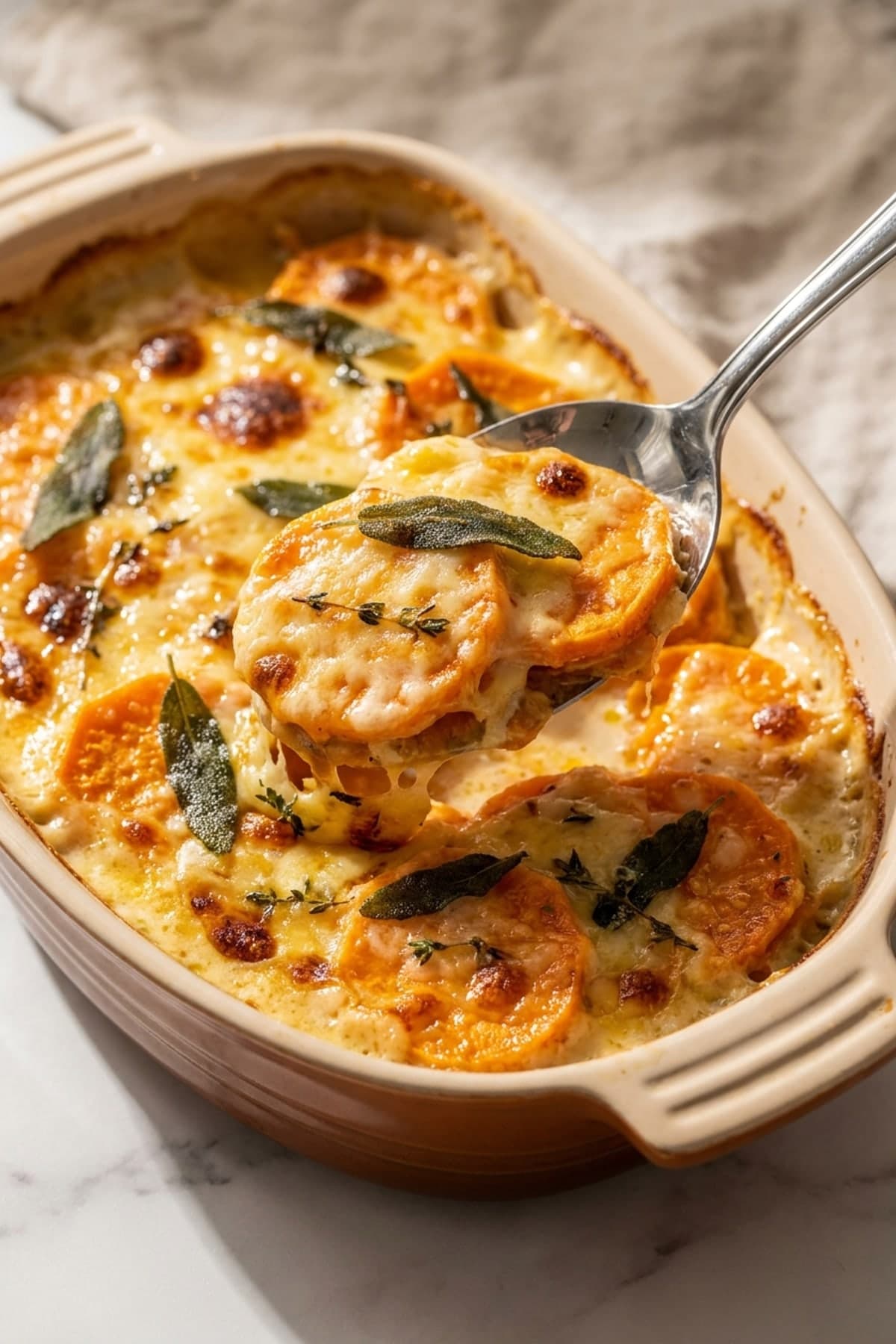 Brown Butter Sweet Potato Gratin ready to serve