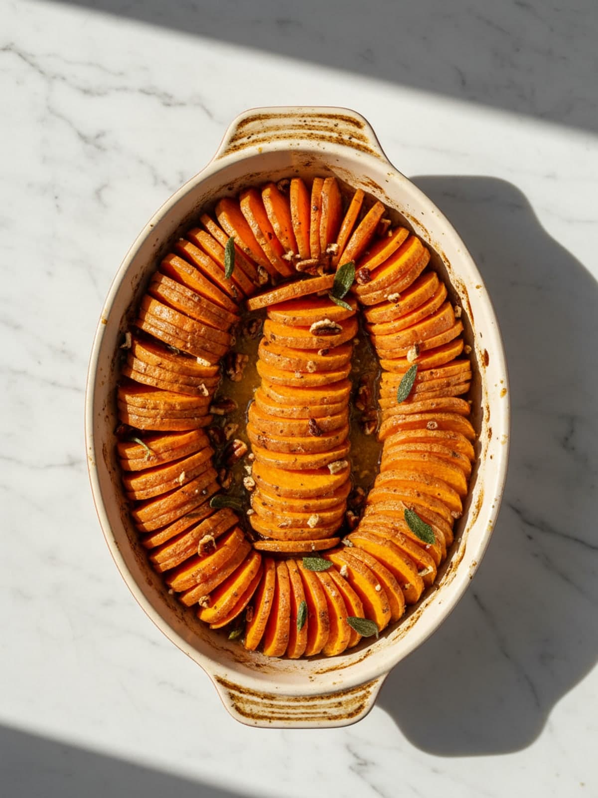Brown Butter Sweet Potato Gratin: Build tight upright rows