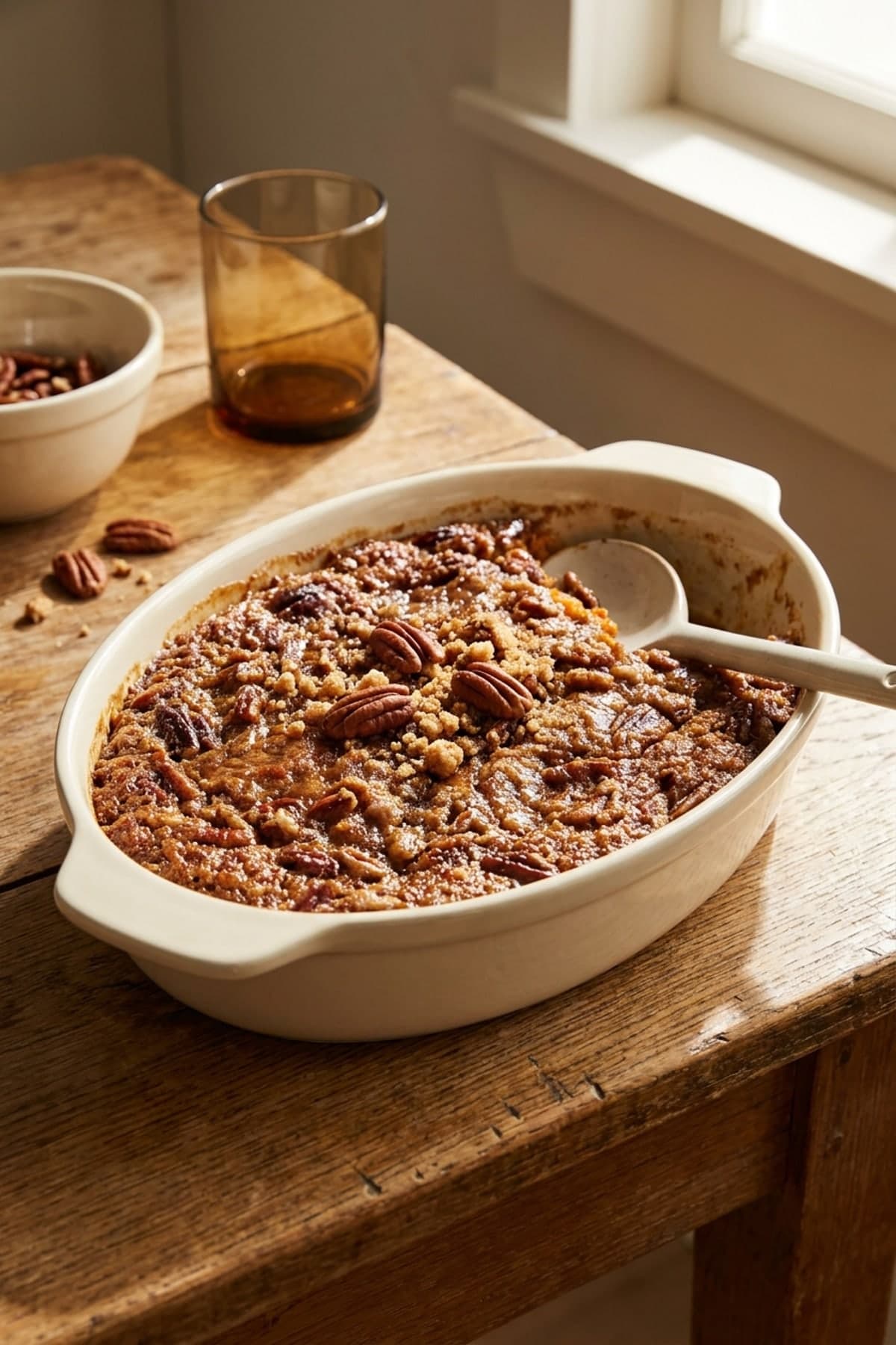 Pecan Streusel Sweet Potato Bake ready to serve