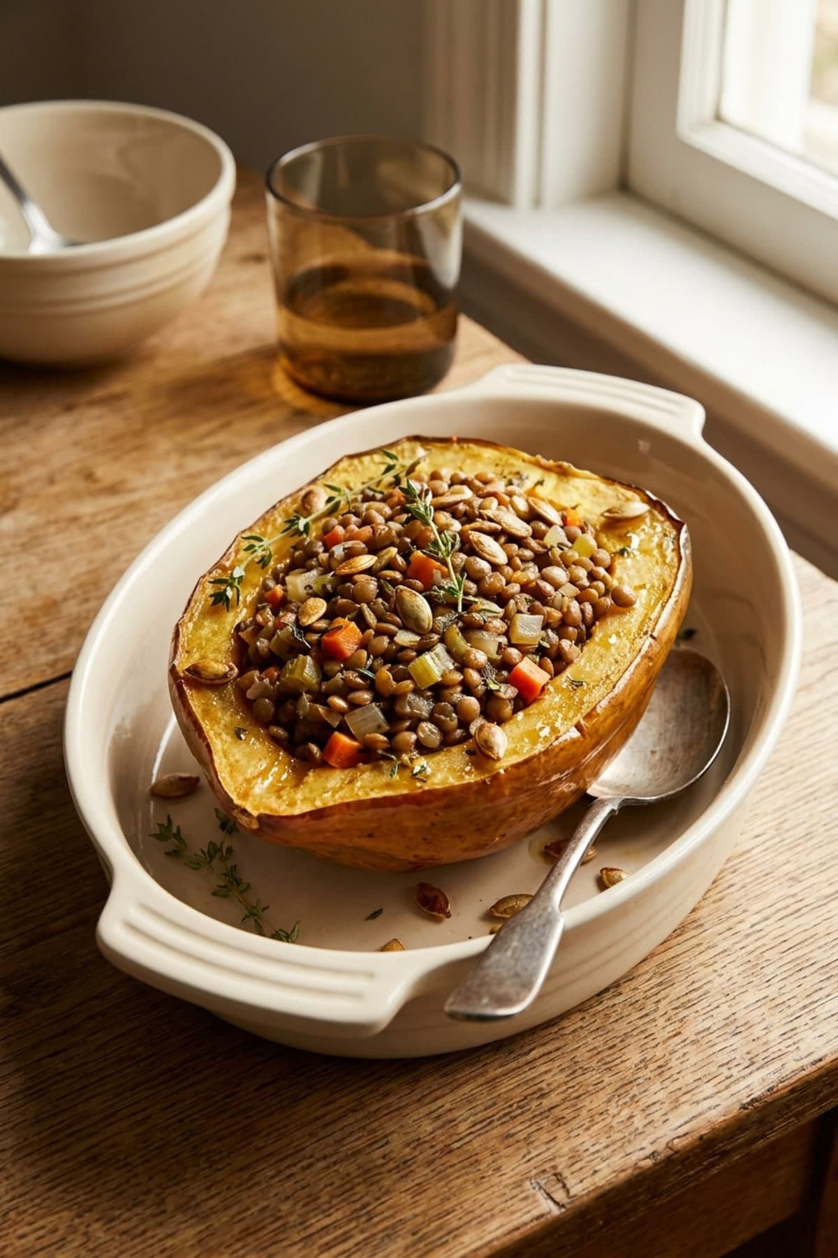 Lentil-Stuffed Acorn Squash ready to serve