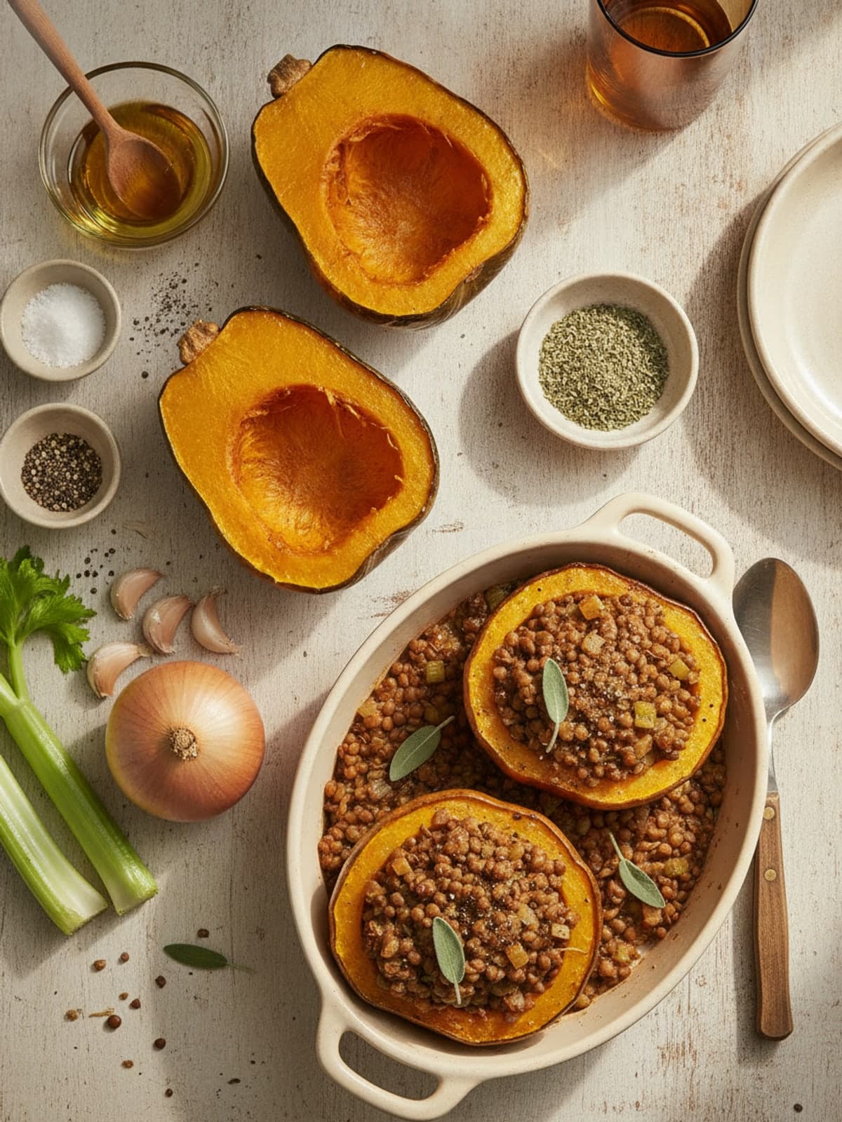 Ingredients for Lentil-Stuffed Acorn Squash