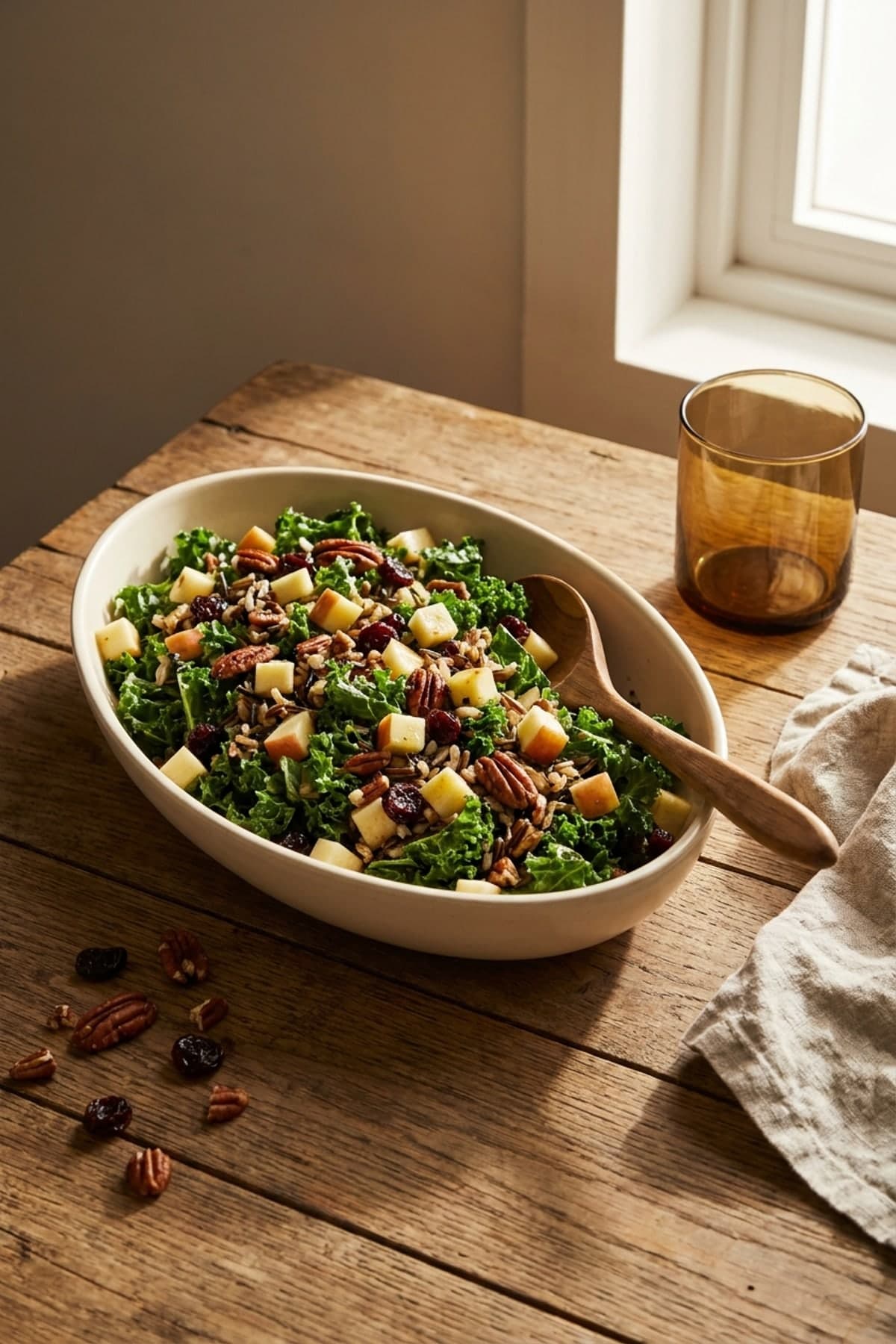 Apple Kale and Wild Rice Thanksgiving Salad ready to serve